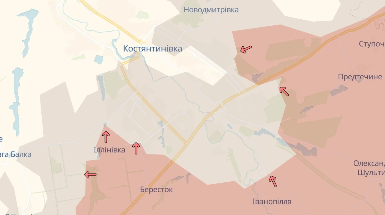 Мапа DeepState із позначеними змінами на лінії фронту поблизу Костянтинівки Донецької області